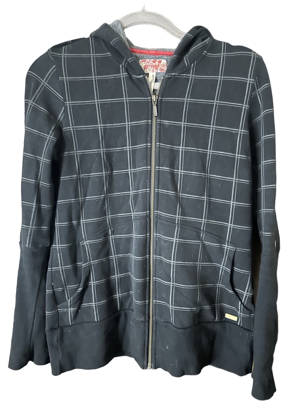 Gentle Fawn Black and Grey Check Plaid Hooded Zip-Up Jacket Size Large